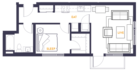 Floor plan for 1 bed, 1 bath, 630 sqft